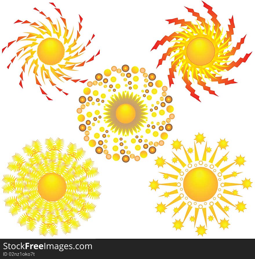 Five icons of sun. Vector illustration.