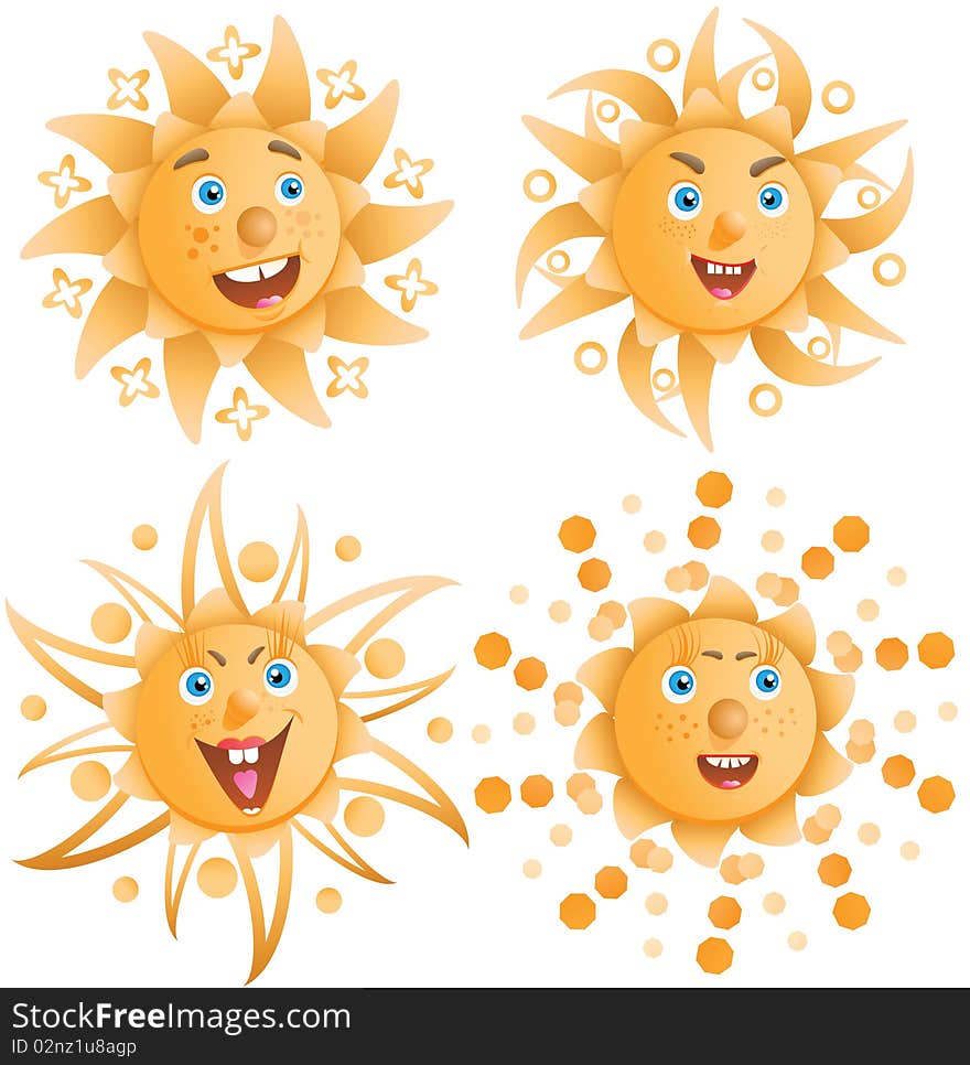 The positive sun smiles. Vector illustration.