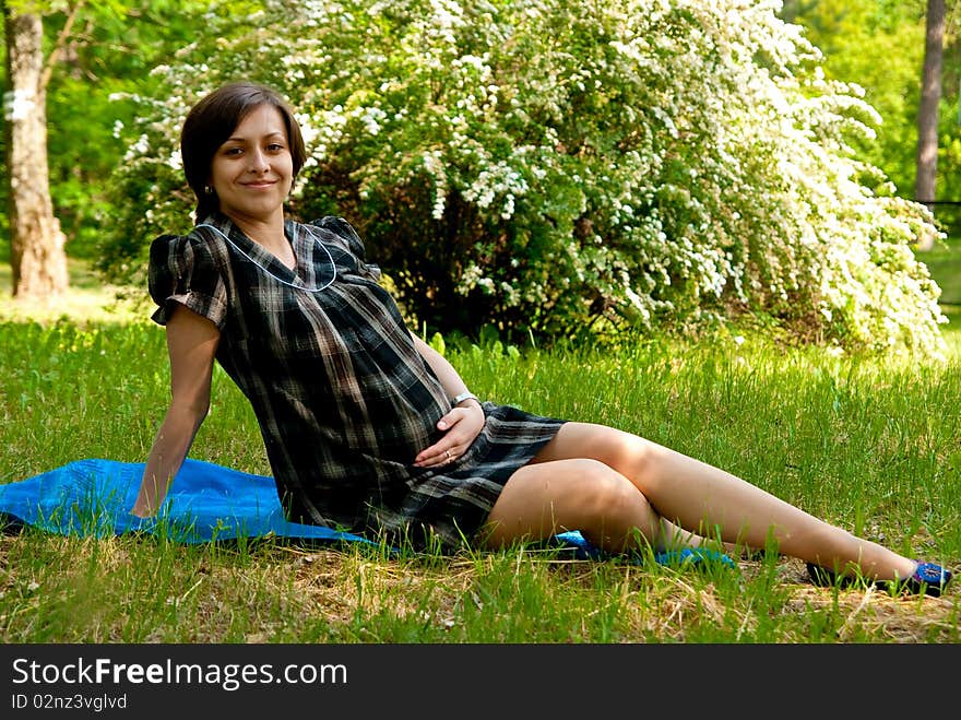 Beautiful smiling pregnant woman relaxing on grass in park. Beautiful smiling pregnant woman relaxing on grass in park.