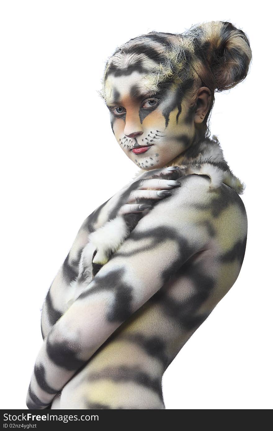 Body-art: White tigress. Studio shot.