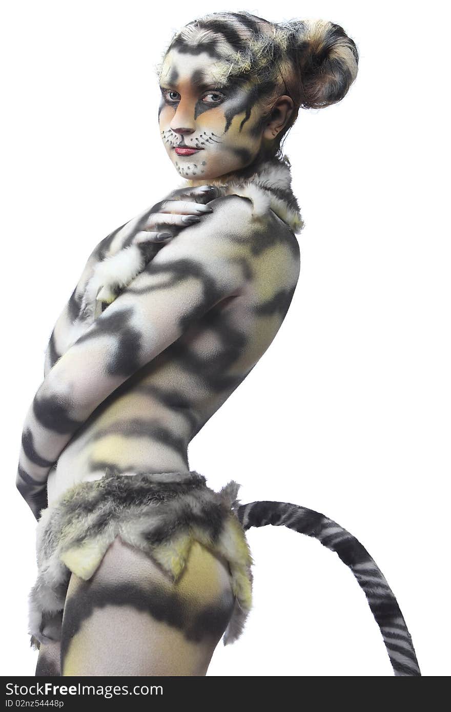 Body-art: White tigress. Studio shot.