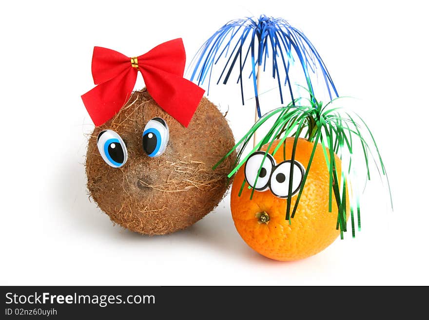 Funny coconut girl and orange boy on white background