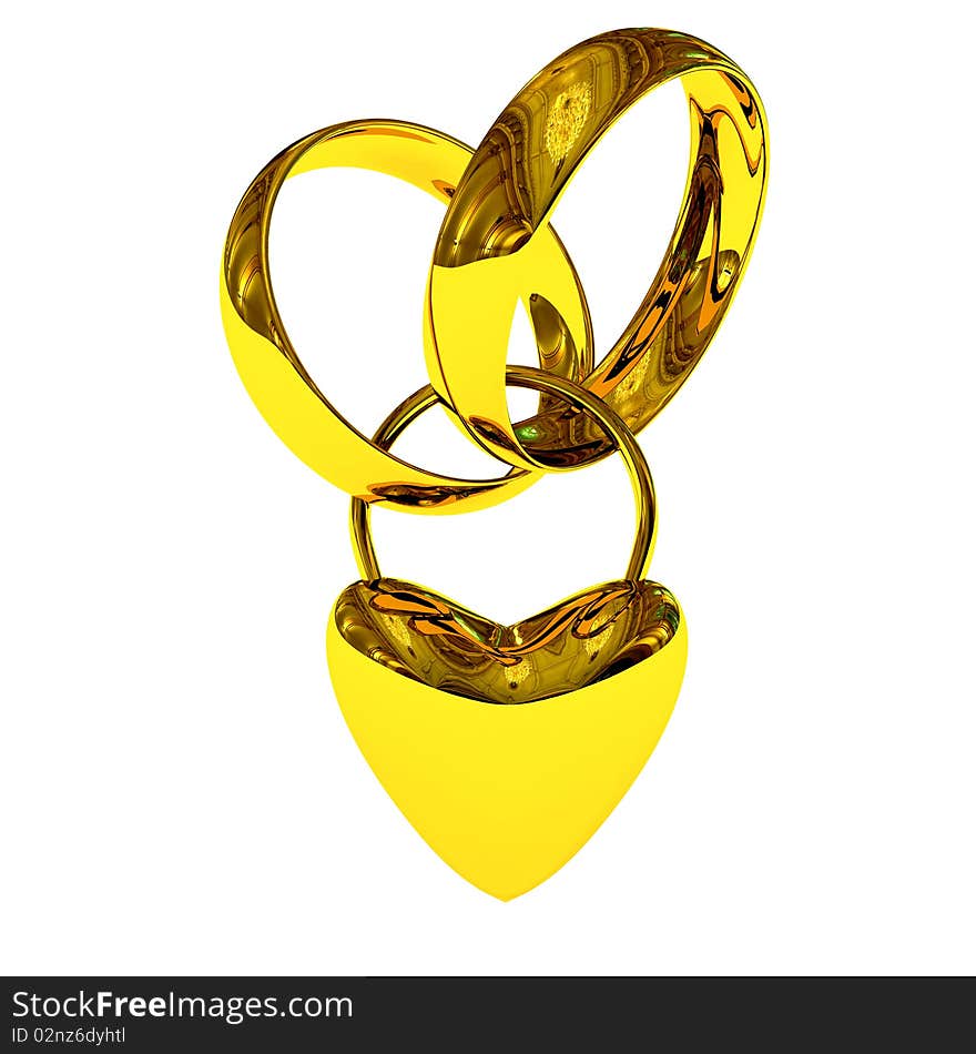 Two gold rings with heart. 3d rendered image