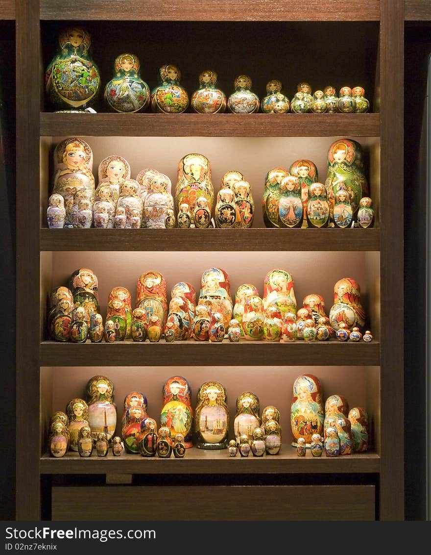 Typical russian doll matrioshka on the shelves