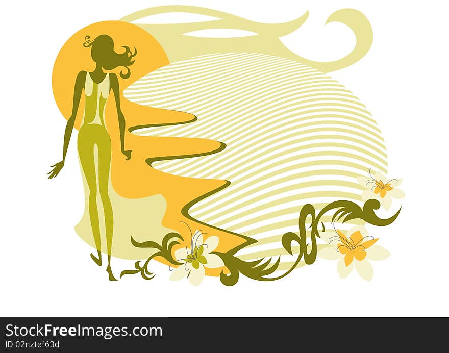 This is the silhouette of a girl in a yellow transparent 
dress. This is the silhouette of a girl in a yellow transparent 
dress