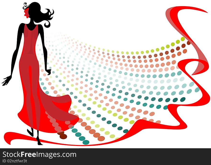 This is the silhouette of a girl in a red transparent 
dress. This is the silhouette of a girl in a red transparent 
dress