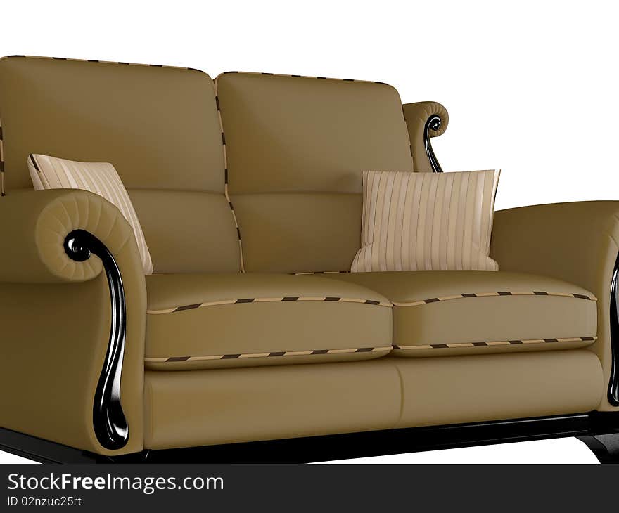 Classic brown sofa, isolated on white, 3D render/illustration