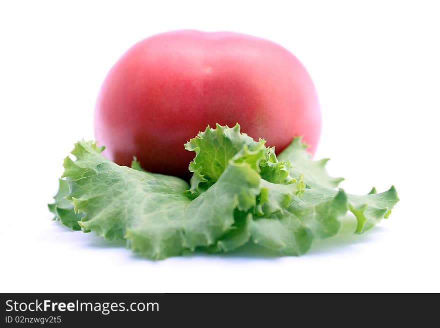 Red tomato and green salad on white background. Red tomato and green salad on white background