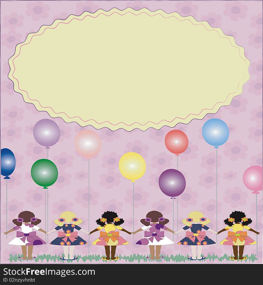 Oval frame  with back  girls and balloons. Oval frame  with back  girls and balloons.