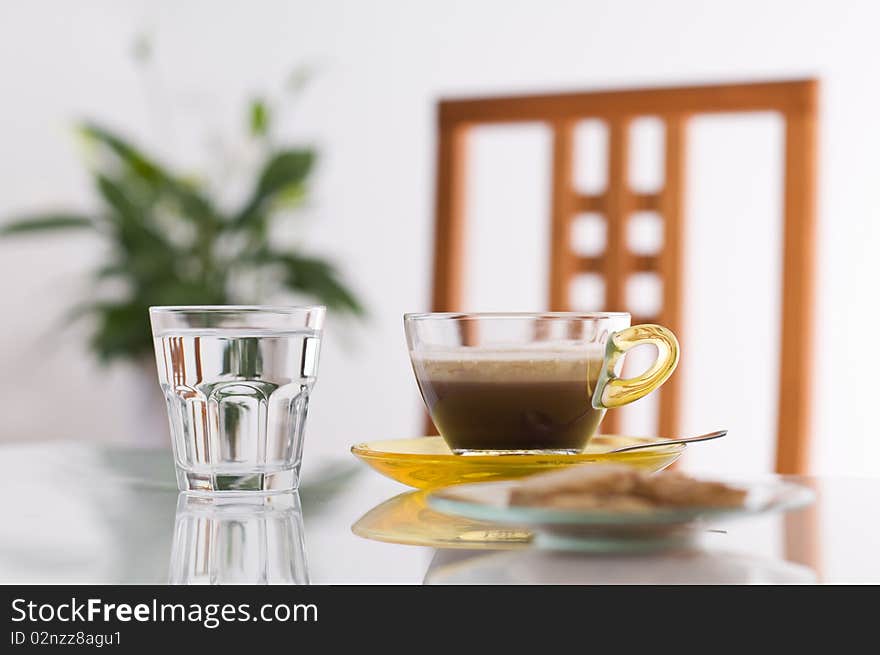 Fresh morning coffee and water close up shoot