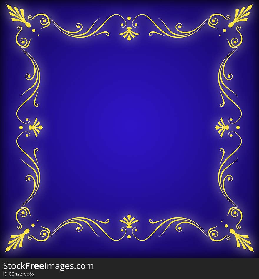 Blue background with yellow ornamental decorative frame