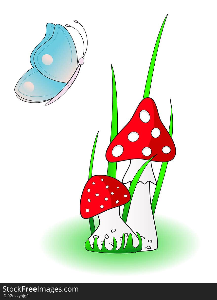 Red Mushroom With Blue Butterfly