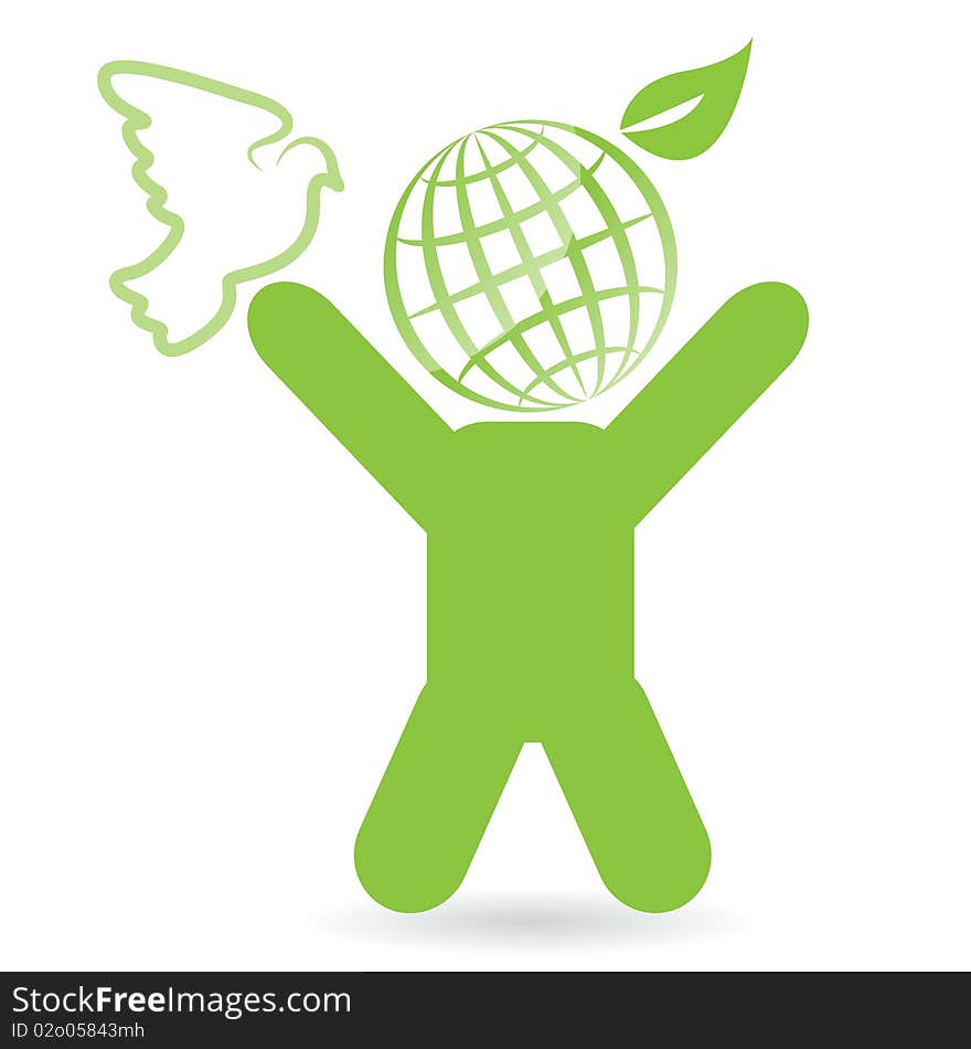 Illustration, green person with head by globe