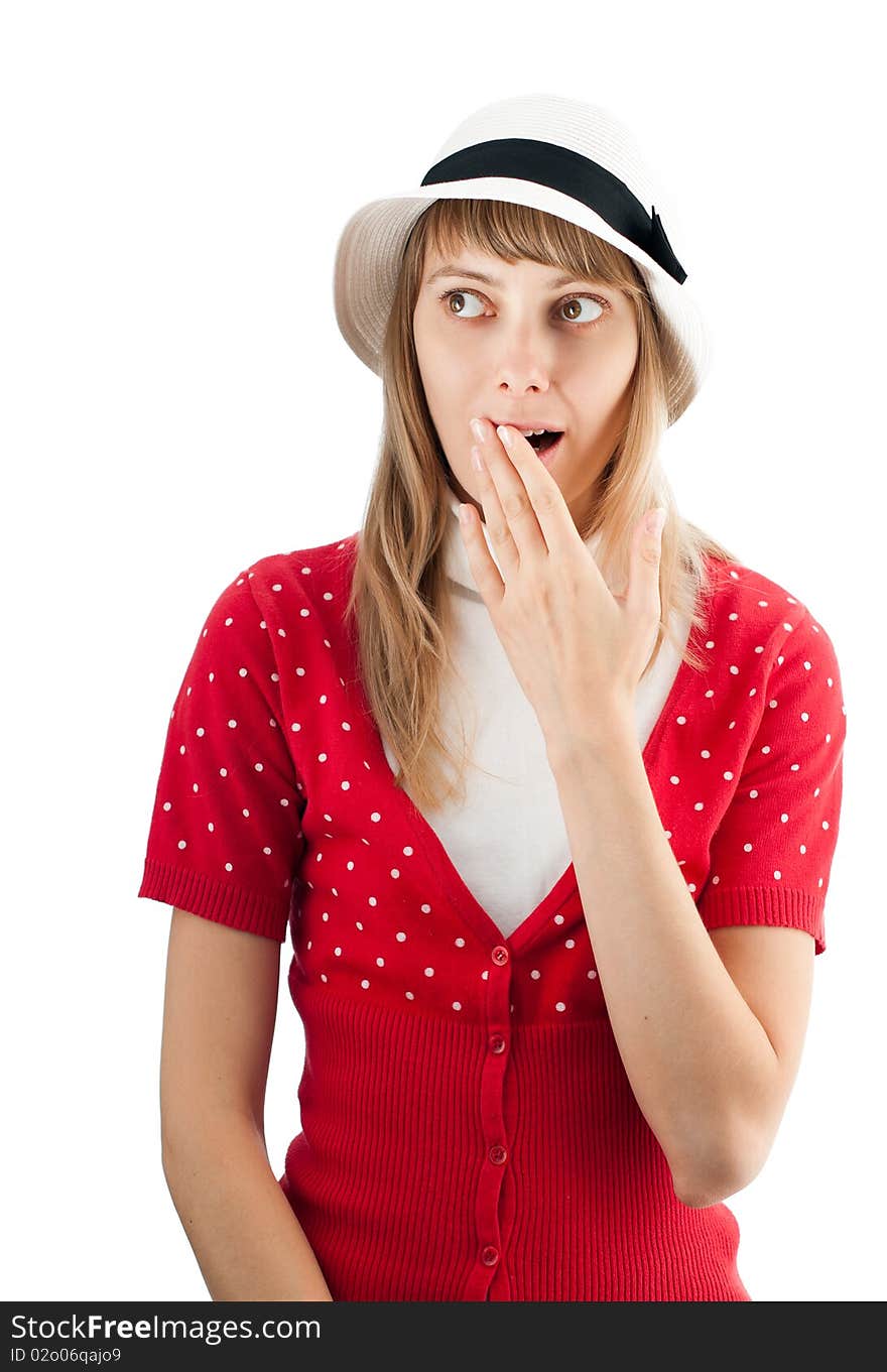 Beautiful surprised young woman in hat isolated on white background. Beautiful surprised young woman in hat isolated on white background