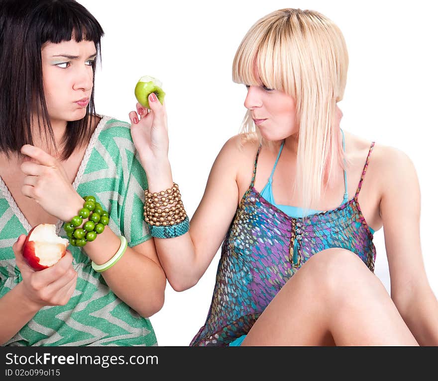 Two Young Pretty Women Posing With Apples