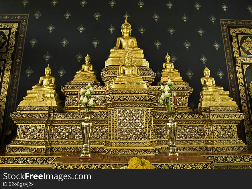 Five buddha in temple at Bangkok Thailand