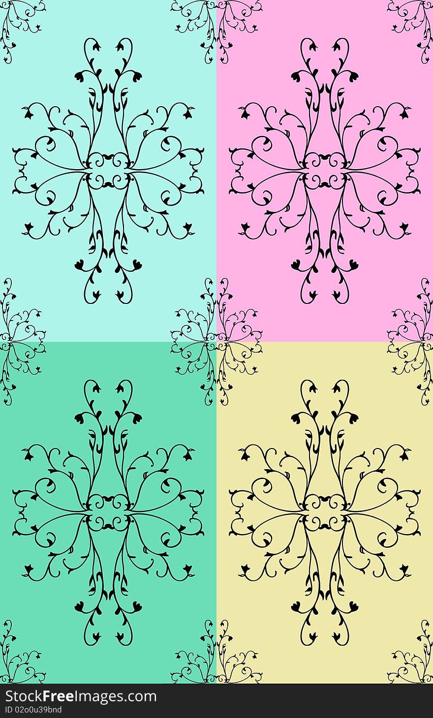 Pattern with flowers and leaves and branches in four different variation