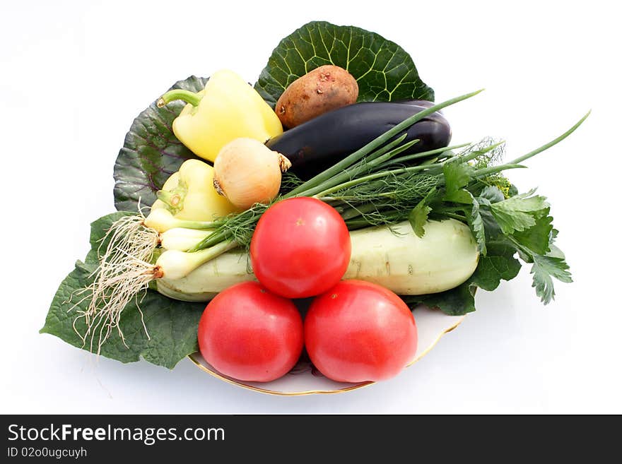 Still life fresh vegetables on plate on white background