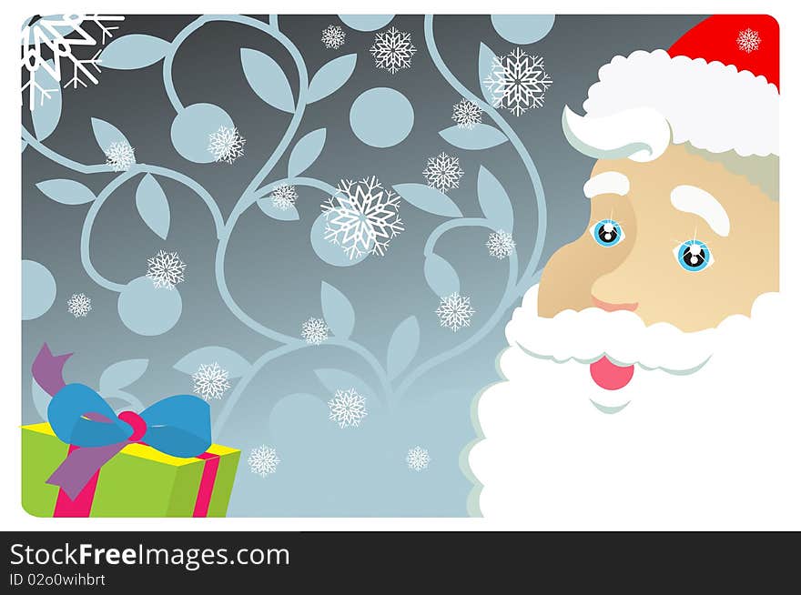 A portrait of a smiling santa clause with snowflakes and gifts. A portrait of a smiling santa clause with snowflakes and gifts.