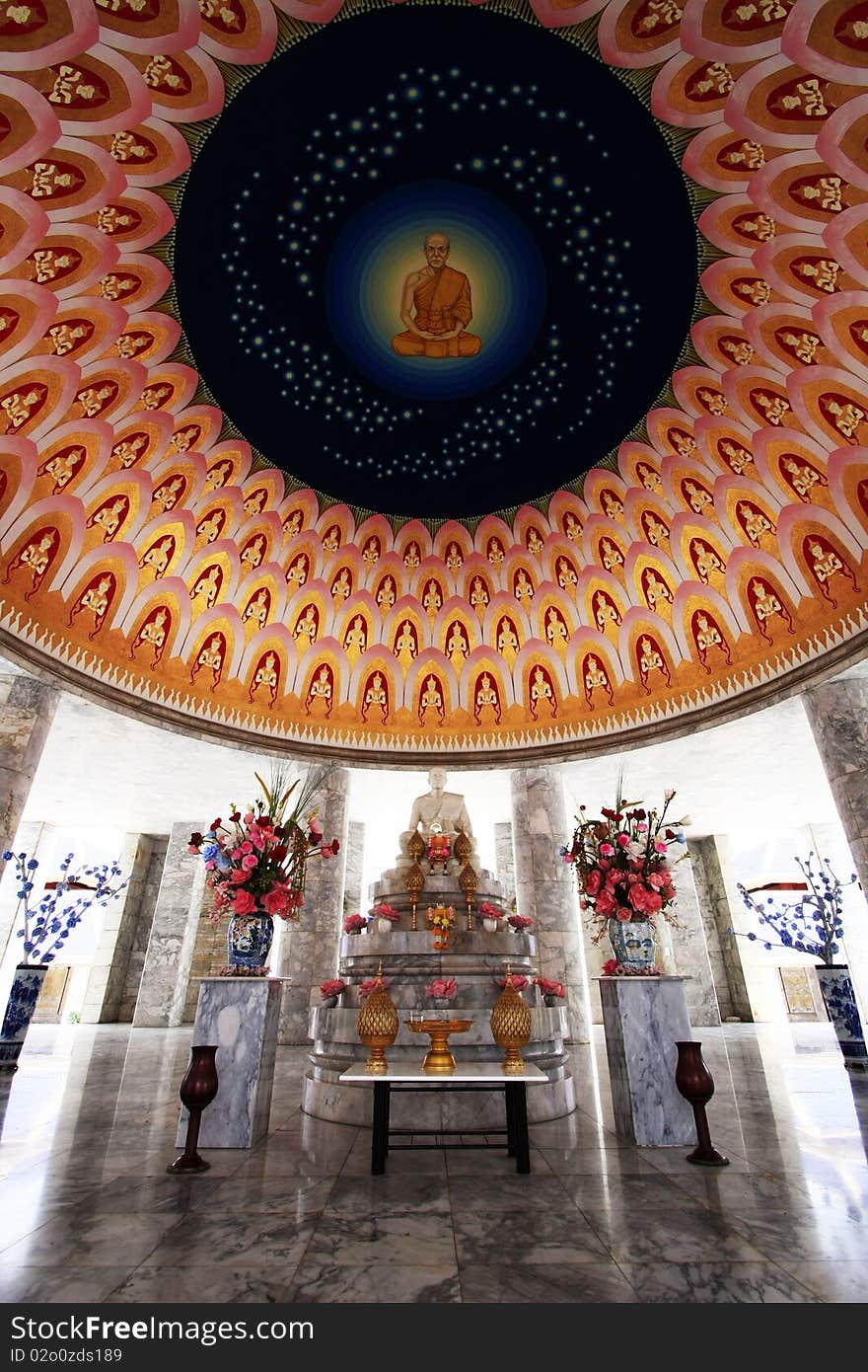 The image of Buddha on ceiling at Puttamonton sai4,Thailand.