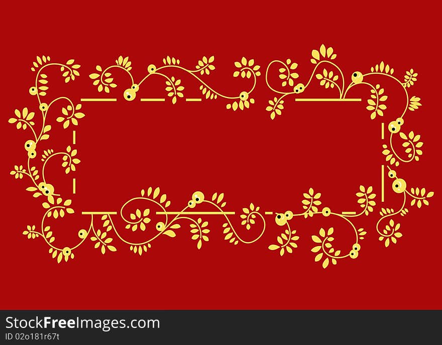 Golden frame with floral elements and berries on red background