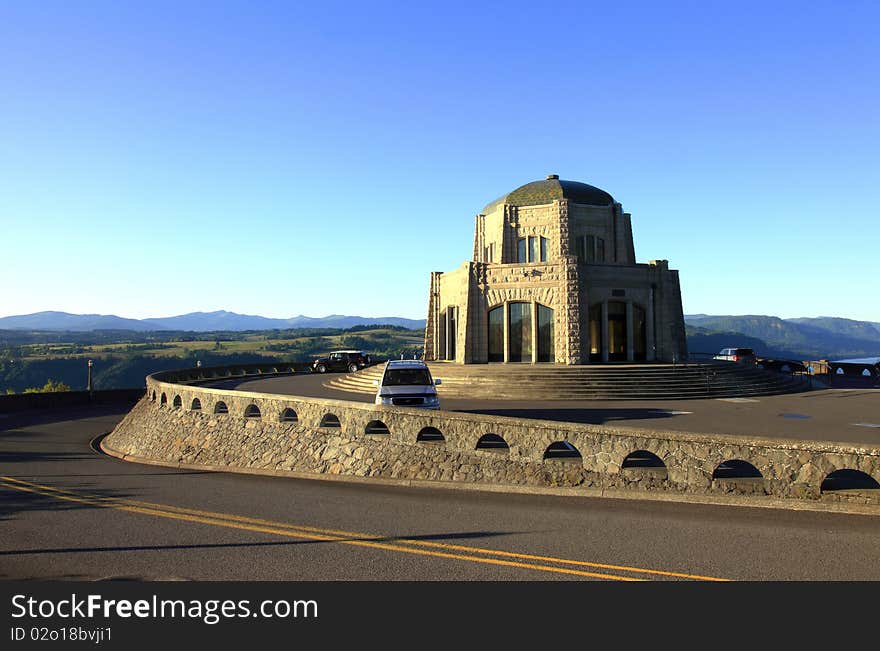 Vista house and the surrounding stone wall & old highway 30 passing through it. Vista house and the surrounding stone wall & old highway 30 passing through it.