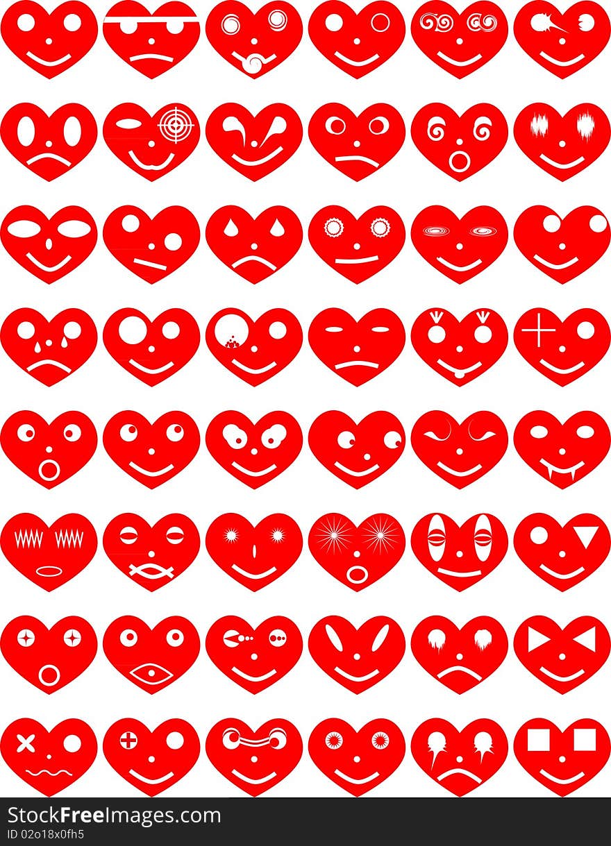 Collection of red hearts with various expressions of persons. Collection of red hearts with various expressions of persons