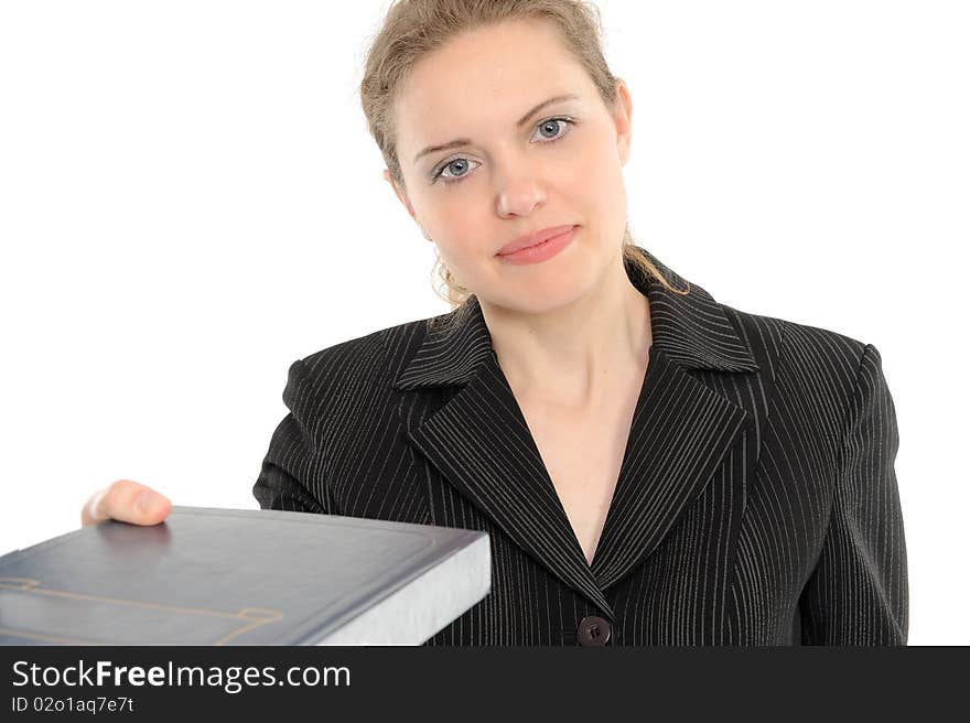 Young woman gives the book on a white background