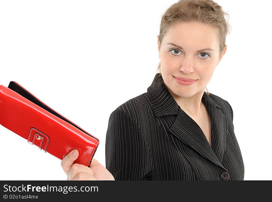 Businesswoman with purse on a white background