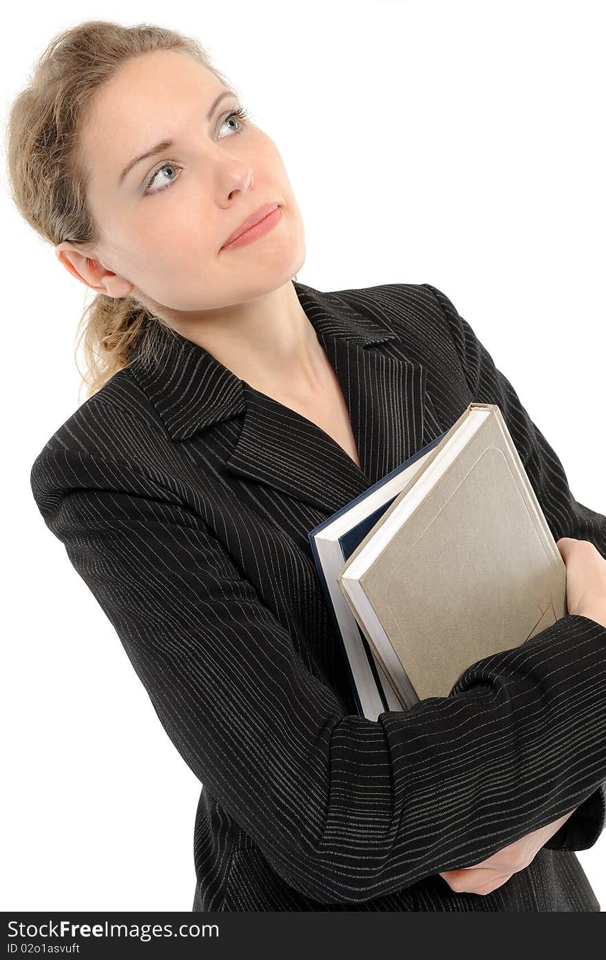 Young woman with  book, thinks on a white background