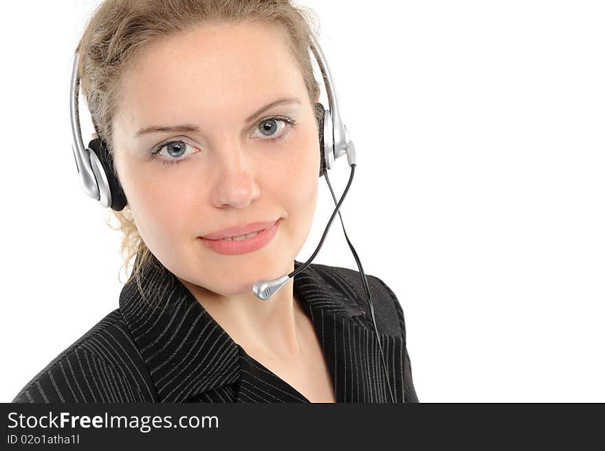 Young female customer service representative in headset, smiling  on a white background