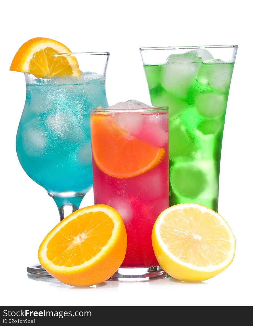 Cocktails with fruits on white background