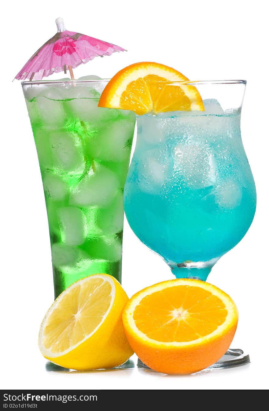 Cocktails with fruits on white background