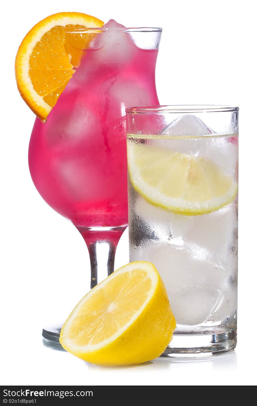 Red cocktail and lemonade with lemon on white background