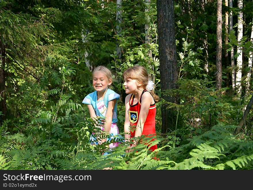 In the summer in park two girlfriends were frightened of someone. In the summer in park two girlfriends were frightened of someone