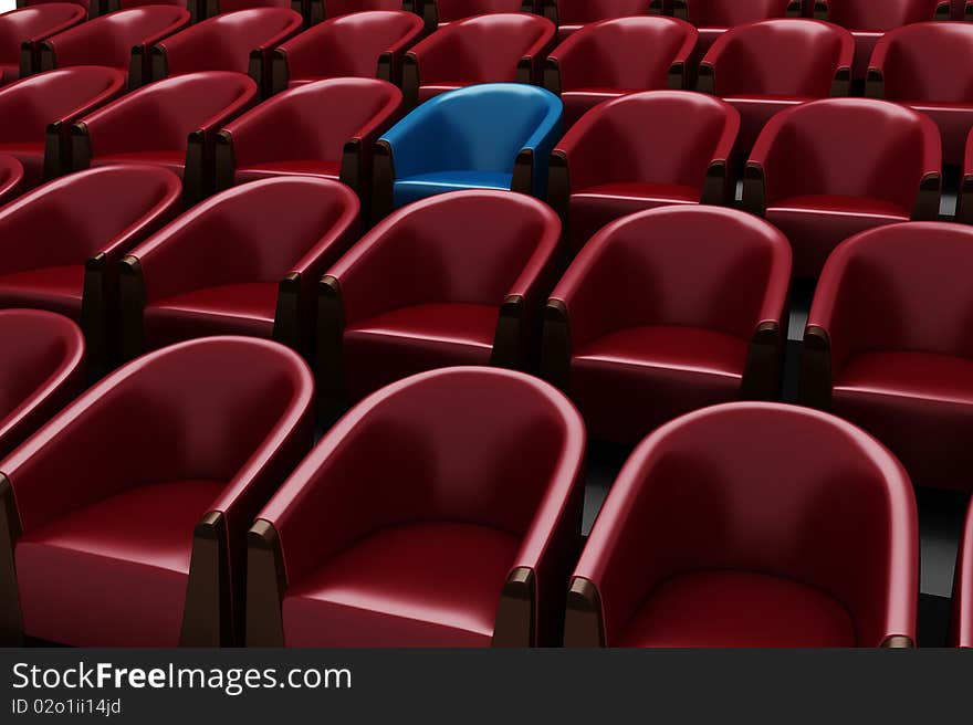 3d chairs, red and one blue