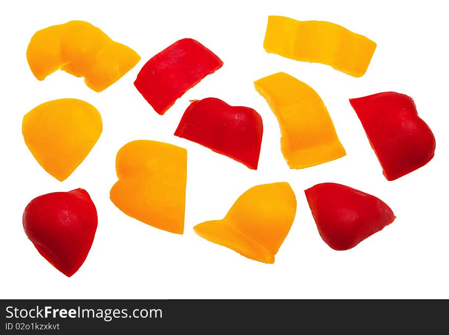 Red and yellow pepper pieces.