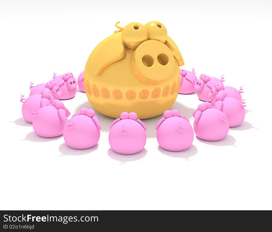 A group of pigs worshiping a large golden pig. A group of pigs worshiping a large golden pig