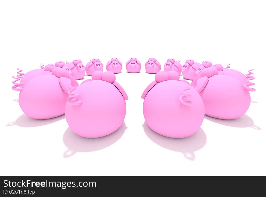 A circle of pink pigs at eye level. A circle of pink pigs at eye level