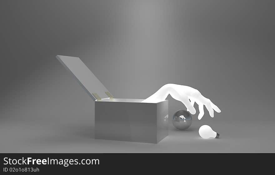 An illuminated hand in a box with a light bulb reaching for ideas. An illuminated hand in a box with a light bulb reaching for ideas.