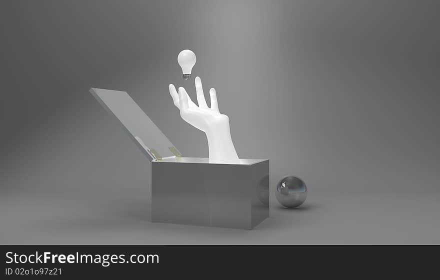 An illuminated hand in a box with a light bulb reaching for ideas. An illuminated hand in a box with a light bulb reaching for ideas.