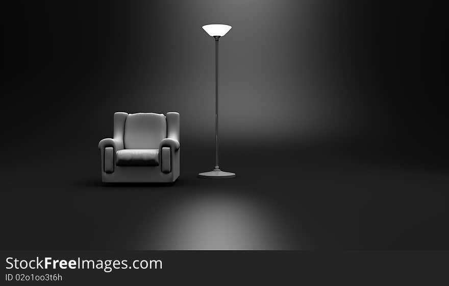 White reading chair in a black background with a white lamp nearby.