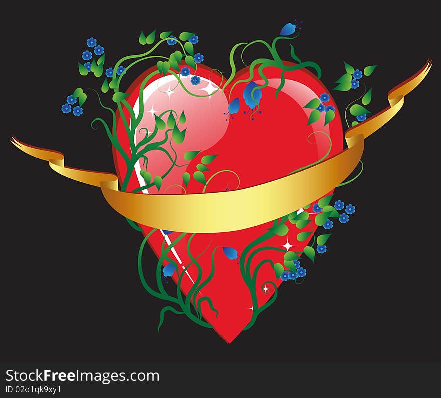 Red sweet heart, flowers and gold ribbon. Red sweet heart, flowers and gold ribbon.