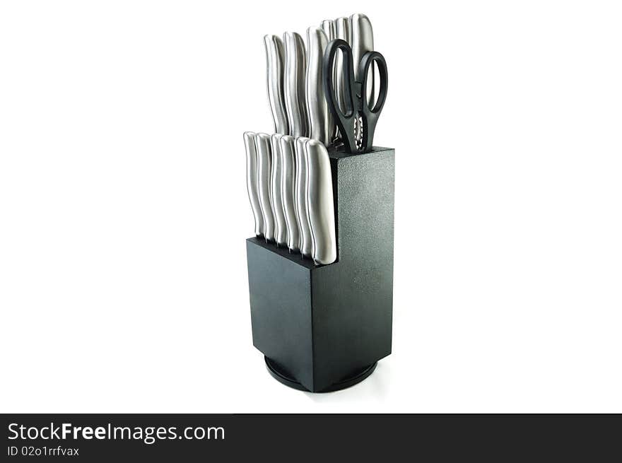 A set of kitchen knives on a stand