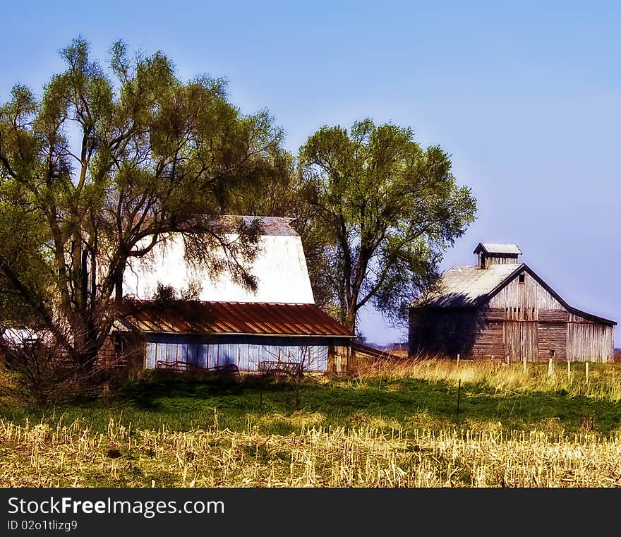 Barn and Corn Crib from across a pasture