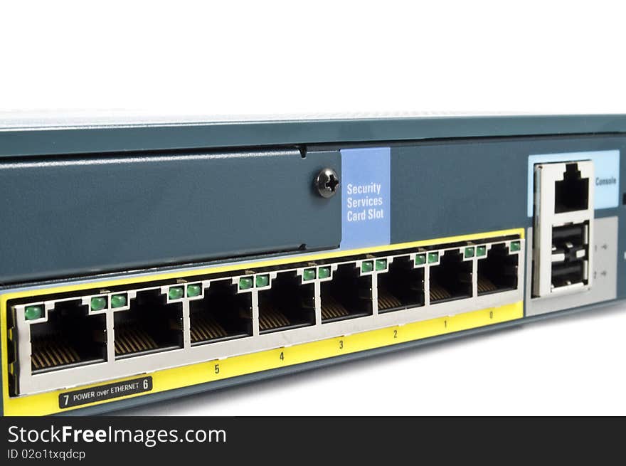 LAN port of a Ethernet firewall with console port, reset and USB. LAN port of a Ethernet firewall with console port, reset and USB