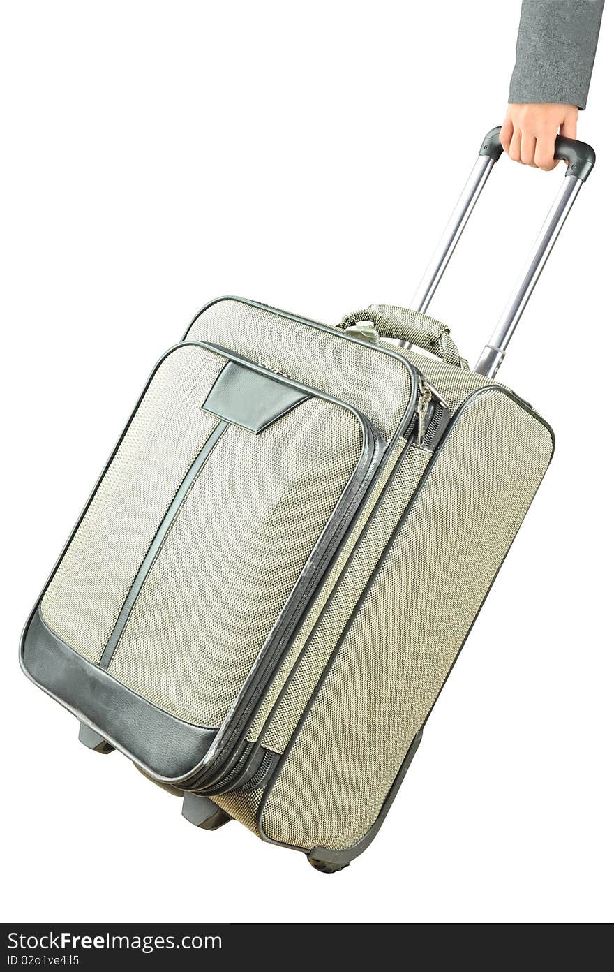 Hand holding suitcase on white background