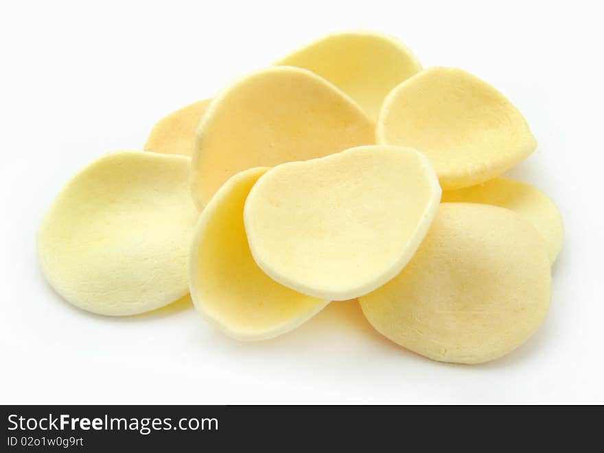 Close-up potato chips in white background