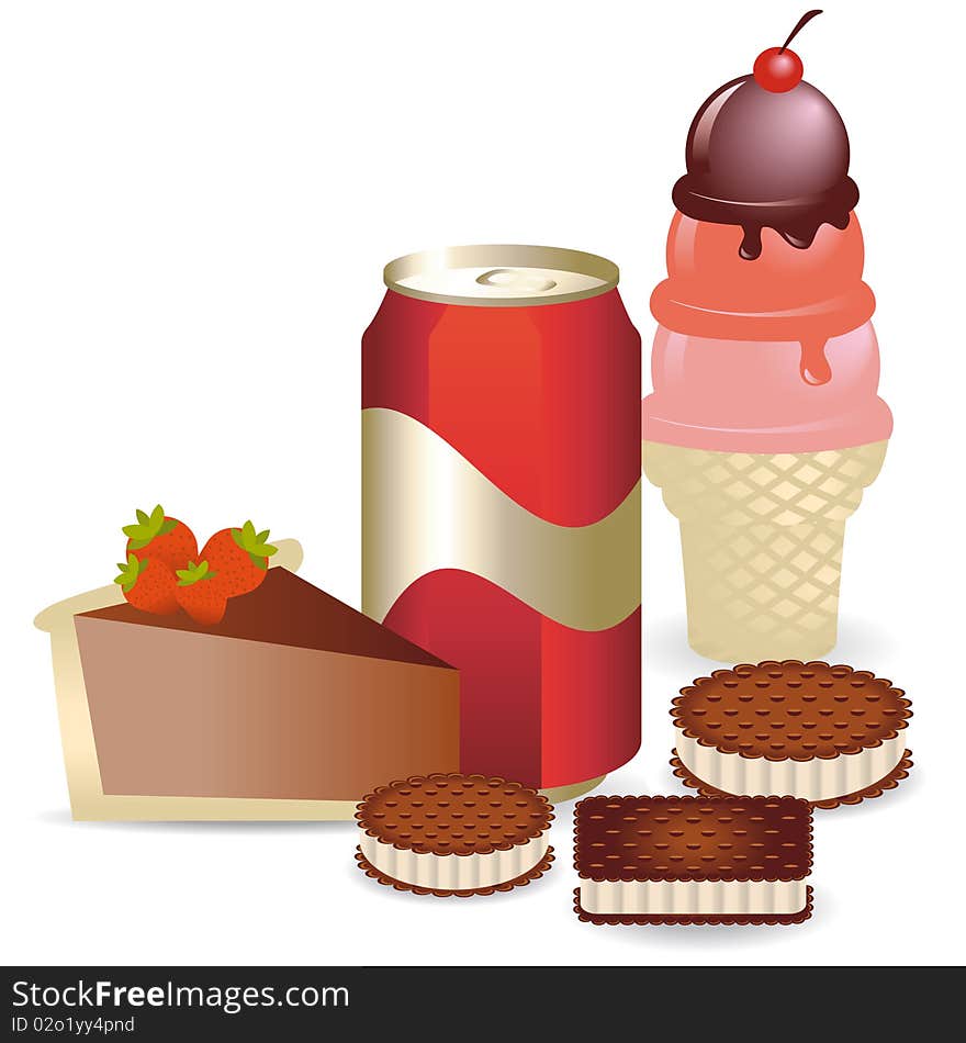 Group of sugar products like chocolate pay, cookies with cream, soda and ice cream with cone. Group of sugar products like chocolate pay, cookies with cream, soda and ice cream with cone