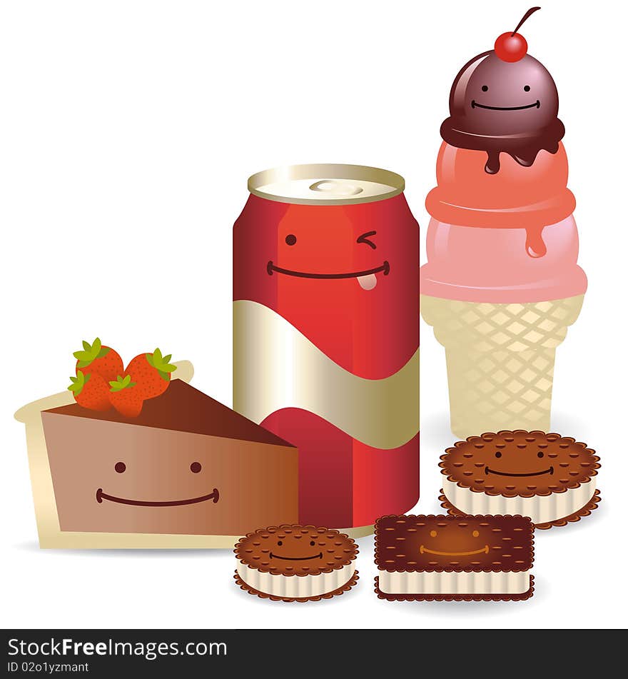 Group of happy sugar products like chocolate pay, cookies with cream, soda and ice cream with cone. Group of happy sugar products like chocolate pay, cookies with cream, soda and ice cream with cone